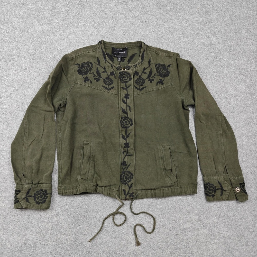 Lucky Brand Jacket Womens Small Green Embroidered Floral Cotton Military Zip